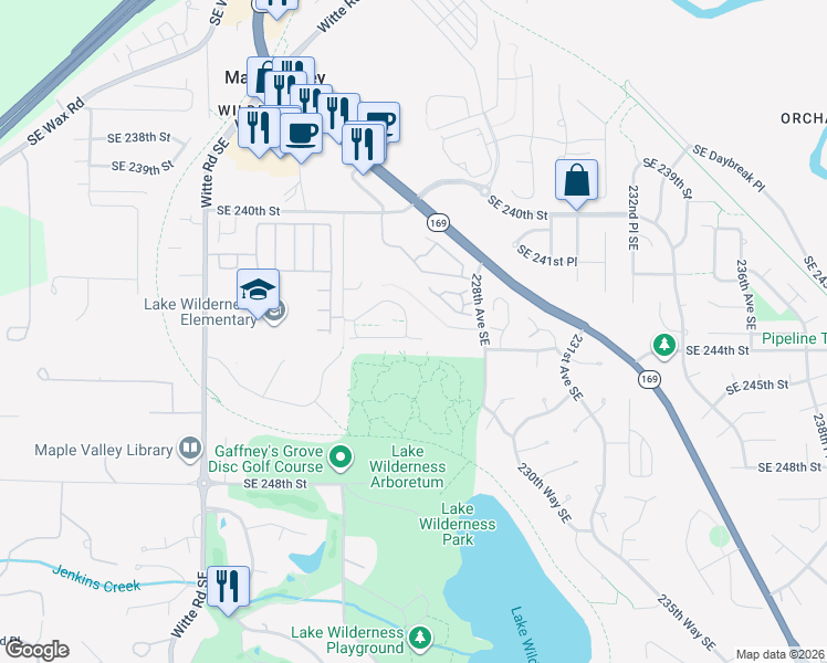 map of restaurants, bars, coffee shops, grocery stores, and more near 24334 226th Avenue Southeast in Maple Valley
