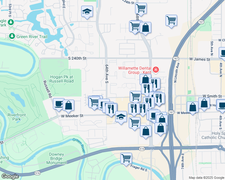 map of restaurants, bars, coffee shops, grocery stores, and more near 1615 West Smith Street in Kent