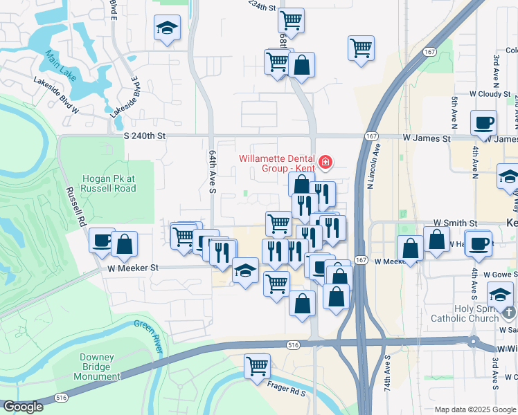 map of restaurants, bars, coffee shops, grocery stores, and more near 1425 West Smith Street in Kent