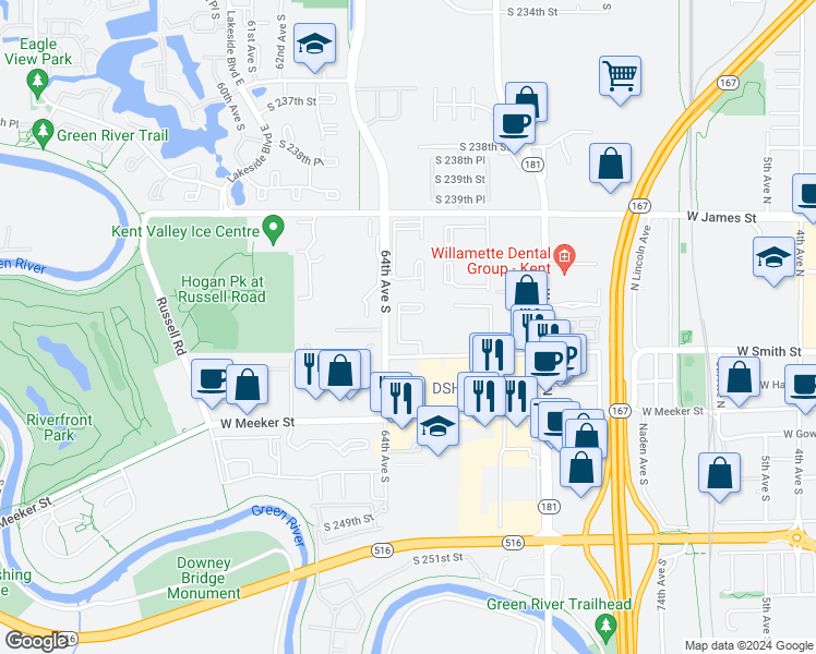map of restaurants, bars, coffee shops, grocery stores, and more near 1615 West Smith Street in Kent