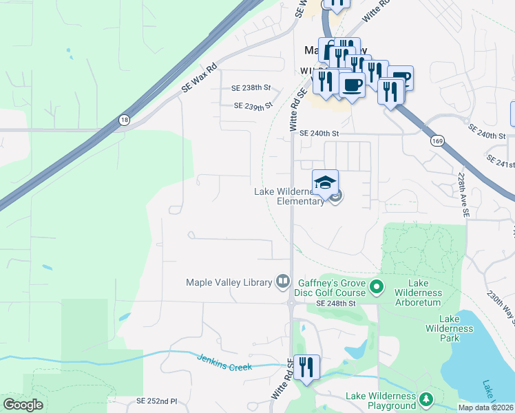 map of restaurants, bars, coffee shops, grocery stores, and more near 24230 218th Avenue Southeast in Maple Valley