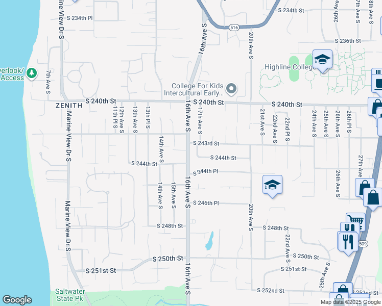 map of restaurants, bars, coffee shops, grocery stores, and more near 24318 16th Avenue South in Des Moines