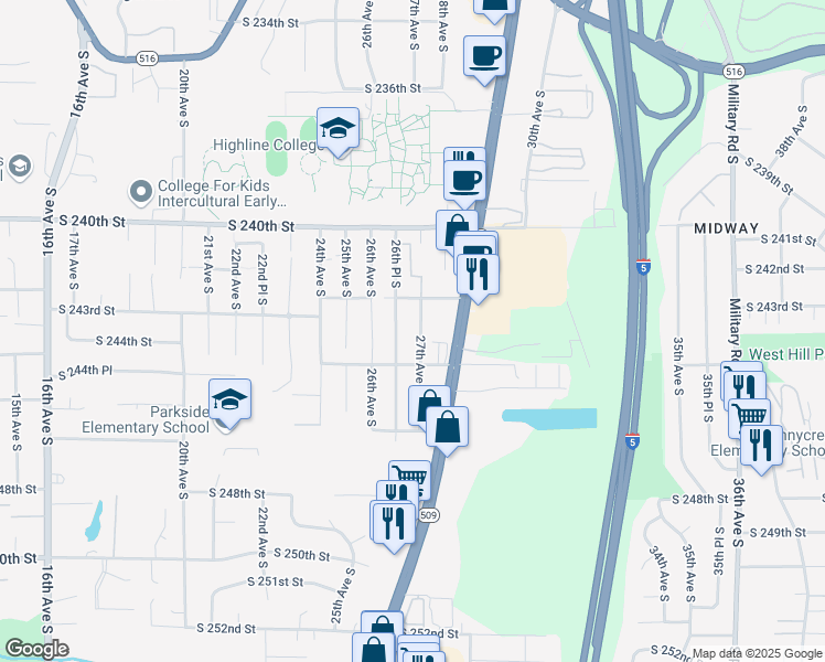 map of restaurants, bars, coffee shops, grocery stores, and more near 24246 26th Place South in Des Moines