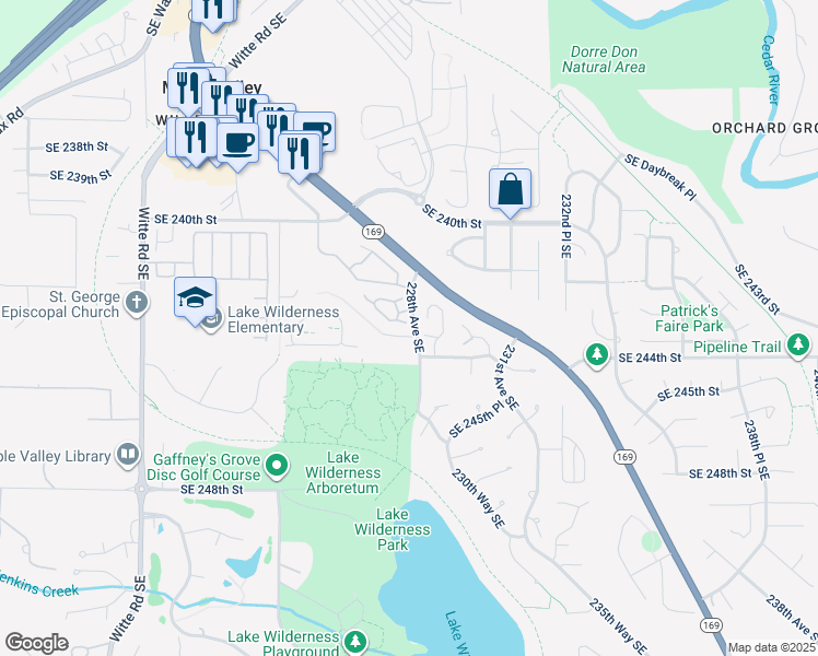 map of restaurants, bars, coffee shops, grocery stores, and more near 24267 229th Avenue Southeast in Maple Valley