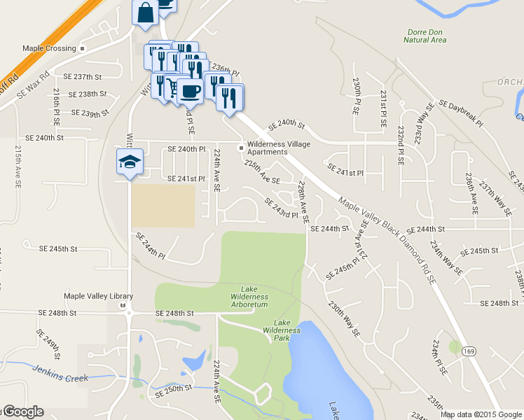 map of restaurants, bars, coffee shops, grocery stores, and more near 24320 226th Avenue Southeast in Maple Valley