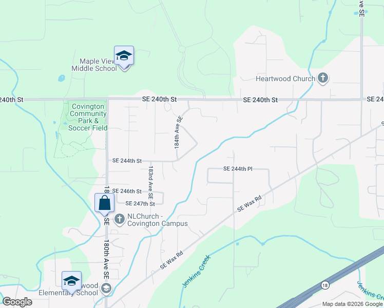map of restaurants, bars, coffee shops, grocery stores, and more near 18512 Southeast 244th Place in Covington