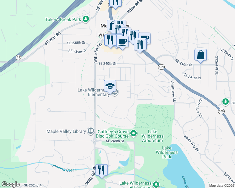 map of restaurants, bars, coffee shops, grocery stores, and more near 24400 222nd Avenue Southeast in Maple Valley