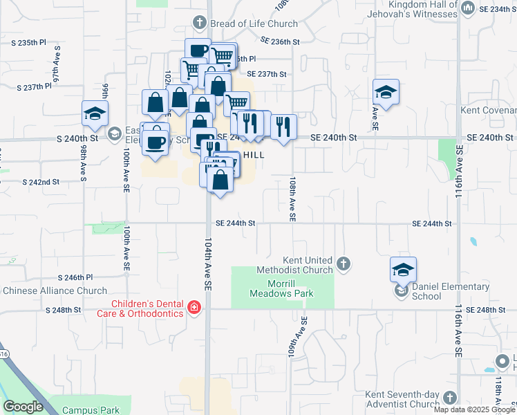 map of restaurants, bars, coffee shops, grocery stores, and more near 10608 Southeast 244th Street in Kent