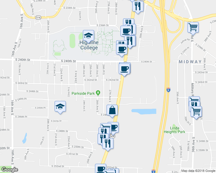 map of restaurants, bars, coffee shops, grocery stores, and more near 24246 26th Place South in Des Moines