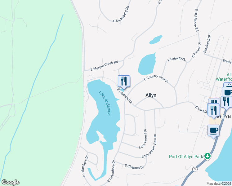 map of restaurants, bars, coffee shops, grocery stores, and more near 631 East Lakeland Drive in Allyn