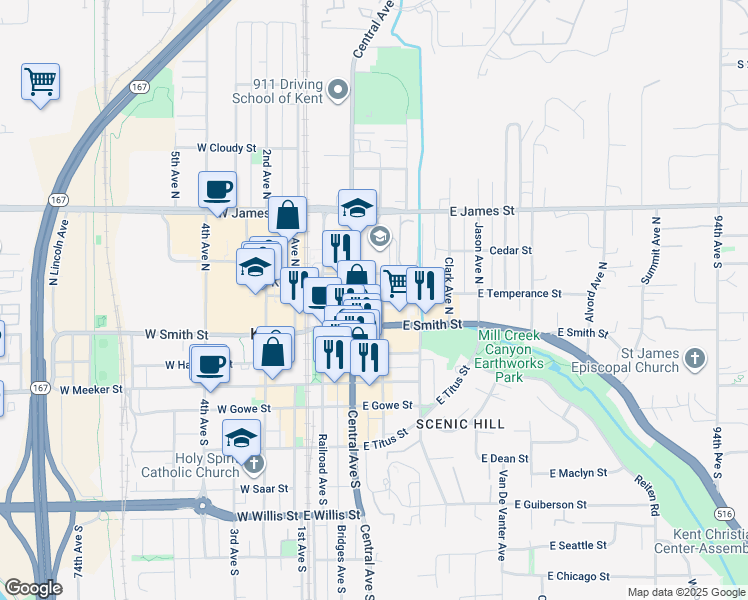 map of restaurants, bars, coffee shops, grocery stores, and more near 317 Washington 516 in Kent