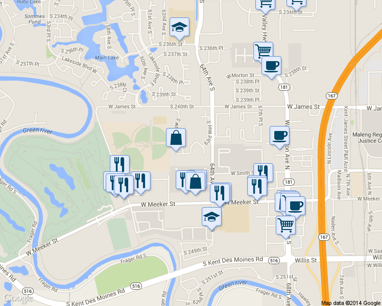 map of restaurants, bars, coffee shops, grocery stores, and more near 1626 West Smith Court in Kent