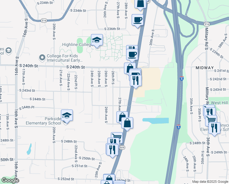 map of restaurants, bars, coffee shops, grocery stores, and more near 24246 26th Place South in Des Moines