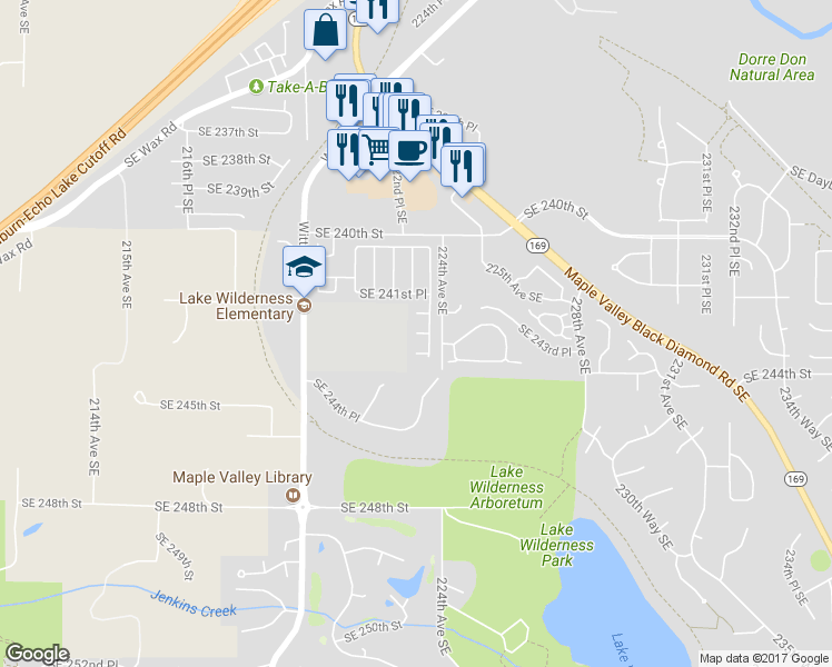 map of restaurants, bars, coffee shops, grocery stores, and more near 22310 Southeast 243rd Street in Maple Valley