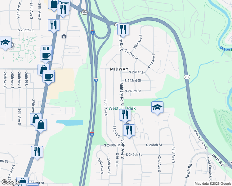 map of restaurants, bars, coffee shops, grocery stores, and more near 24210 35th Place South in Kent