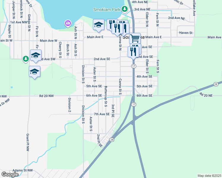 map of restaurants, bars, coffee shops, grocery stores, and more near 426 Buttercup Street South in Soap Lake