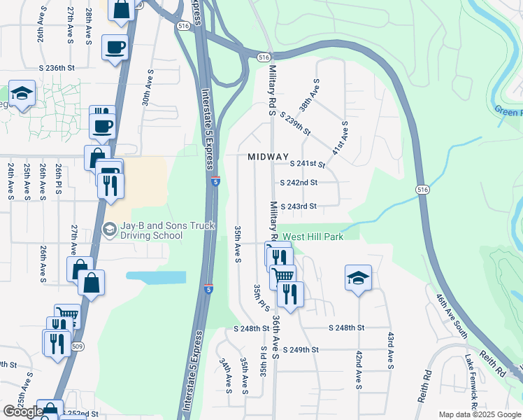 map of restaurants, bars, coffee shops, grocery stores, and more near 24210 35th Place South in Kent