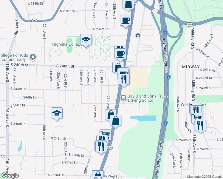 map of restaurants, bars, coffee shops, grocery stores, and more near 24142 27th Place South in Des Moines