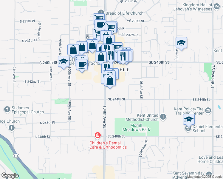 map of restaurants, bars, coffee shops, grocery stores, and more near 24202 104th Avenue Southeast in Kent