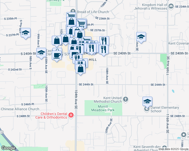 map of restaurants, bars, coffee shops, grocery stores, and more near 10602 Southeast 243rd Place in Kent