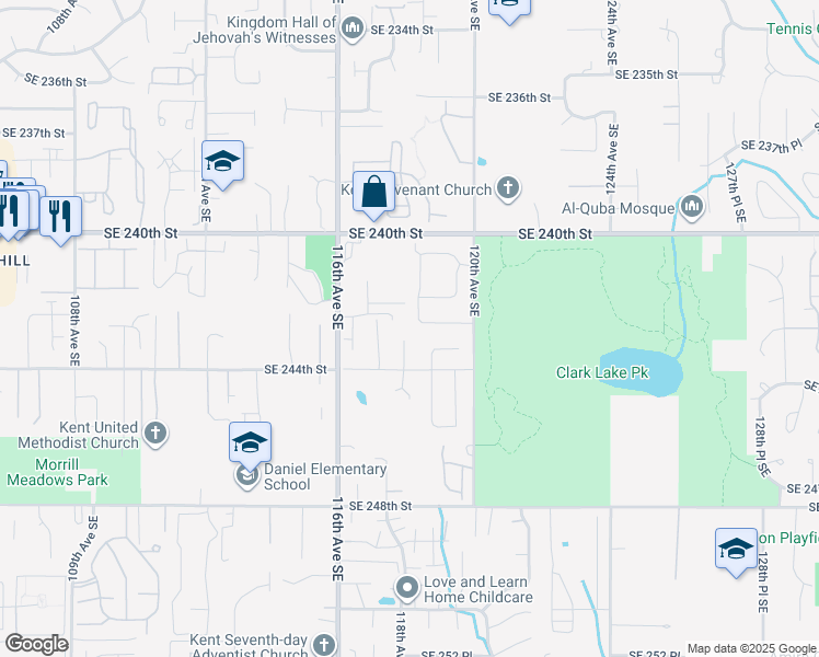 map of restaurants, bars, coffee shops, grocery stores, and more near 11807 Southeast 242nd Place in Kent