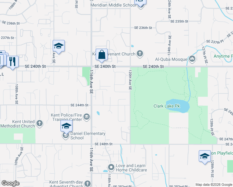 map of restaurants, bars, coffee shops, grocery stores, and more near 11821 Southeast 242nd Place in Kent