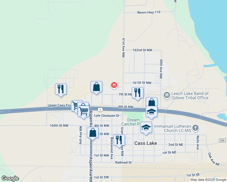 map of restaurants, bars, coffee shops, grocery stores, and more near 425 7th Street Northwest in Cass Lake
