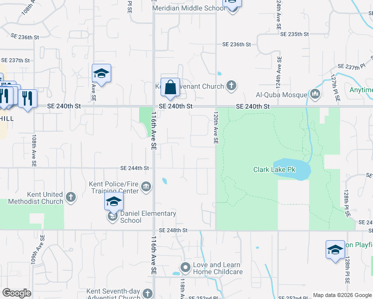 map of restaurants, bars, coffee shops, grocery stores, and more near 11807 Southeast 242nd Place in Kent
