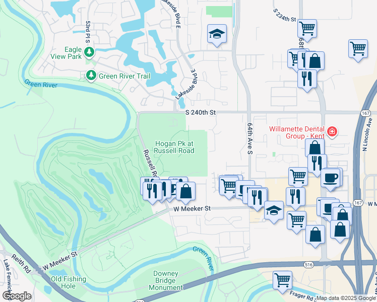 map of restaurants, bars, coffee shops, grocery stores, and more near 24230 Russell Road in Kent