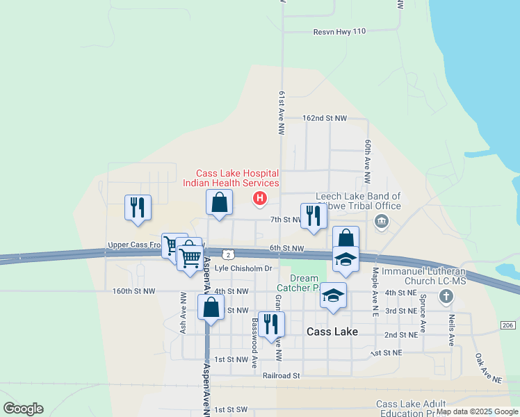 map of restaurants, bars, coffee shops, grocery stores, and more near 425 7th Street Northwest in Cass Lake