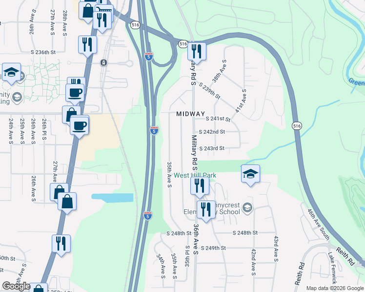 map of restaurants, bars, coffee shops, grocery stores, and more near 24210 35th Place South in Kent