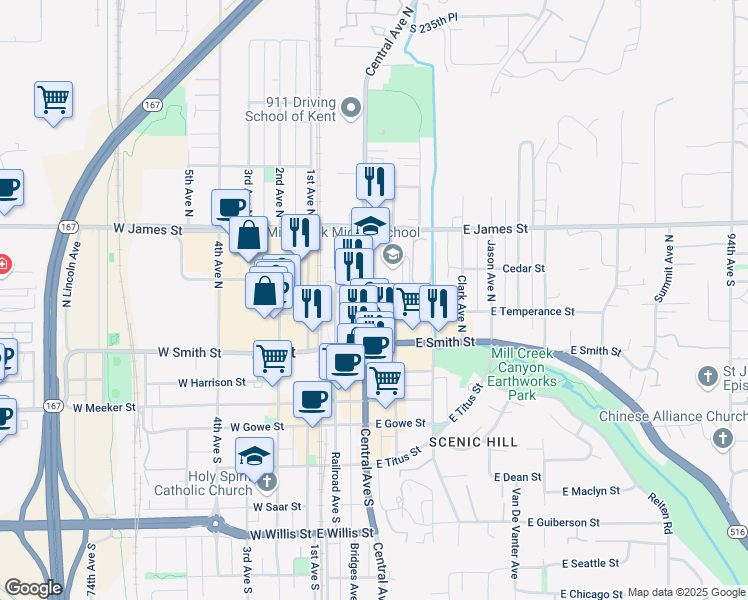 map of restaurants, bars, coffee shops, grocery stores, and more near 418 Central Avenue North in Kent