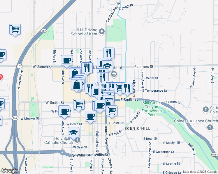 map of restaurants, bars, coffee shops, grocery stores, and more near 418 Central Avenue North in Kent