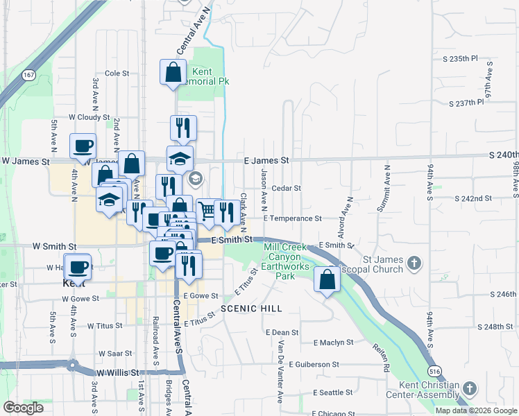 map of restaurants, bars, coffee shops, grocery stores, and more near 411 Jason Avenue North in Kent