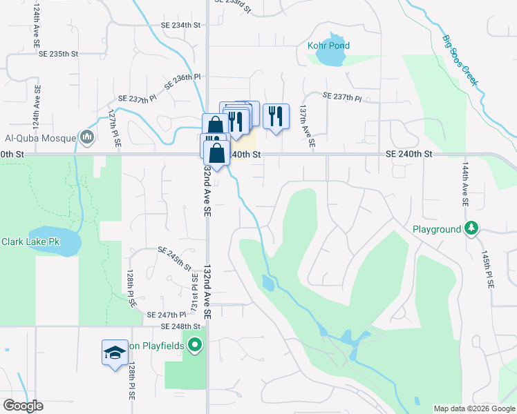 map of restaurants, bars, coffee shops, grocery stores, and more near 13462 Southeast 242nd Street in Kent