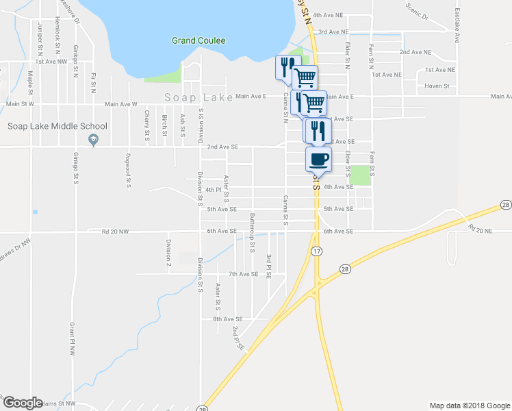 map of restaurants, bars, coffee shops, grocery stores, and more near 426 Buttercup Street South in Soap Lake