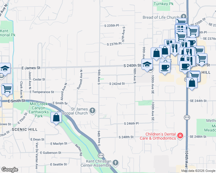 map of restaurants, bars, coffee shops, grocery stores, and more near 9501 South 242nd Street in Kent
