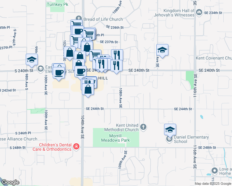 map of restaurants, bars, coffee shops, grocery stores, and more near 10720 Southeast 242nd Street in Kent
