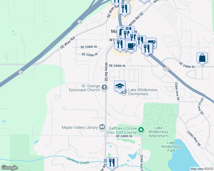 map of restaurants, bars, coffee shops, grocery stores, and more near 24216 Witte Road Southeast in Maple Valley