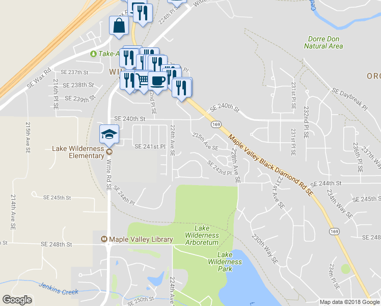 map of restaurants, bars, coffee shops, grocery stores, and more near 22318 Southeast 243rd Place in Maple Valley