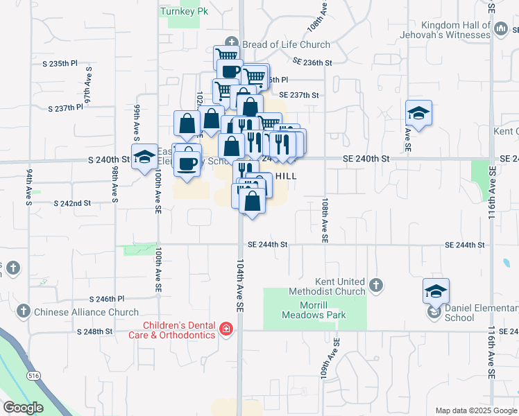 map of restaurants, bars, coffee shops, grocery stores, and more near 24202 104th Avenue Southeast in Kent