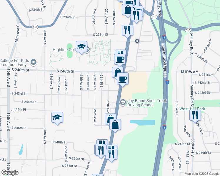 map of restaurants, bars, coffee shops, grocery stores, and more near 24142 27th Place South in Des Moines