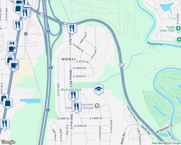 map of restaurants, bars, coffee shops, grocery stores, and more near 24219 41st Avenue South in Kent