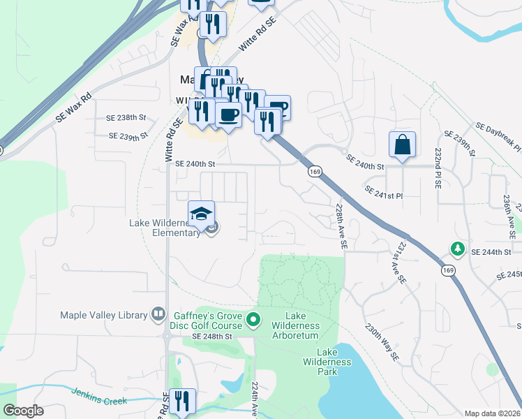 map of restaurants, bars, coffee shops, grocery stores, and more near 24202 224th Avenue Southeast in Maple Valley