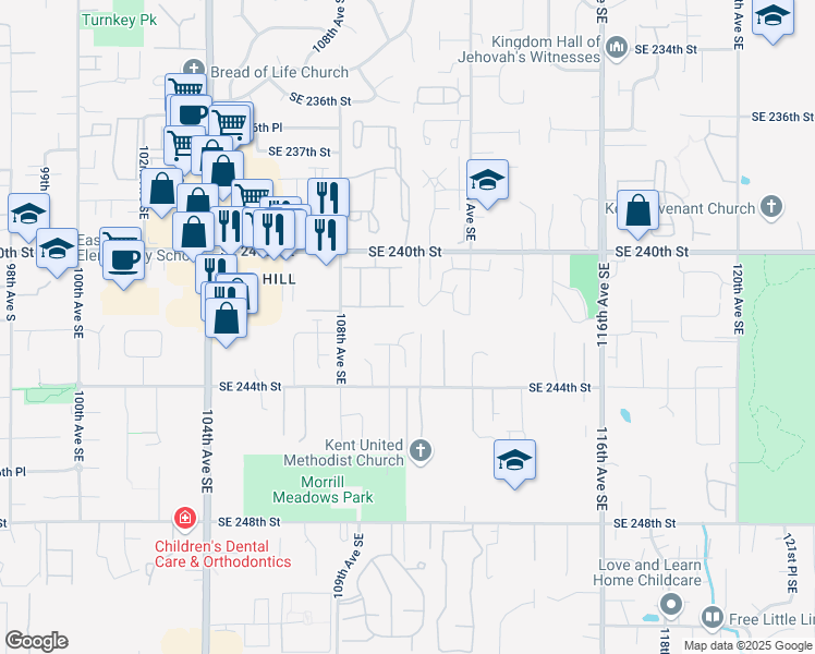 map of restaurants, bars, coffee shops, grocery stores, and more near 10914 Southeast 243rd Street in Kent