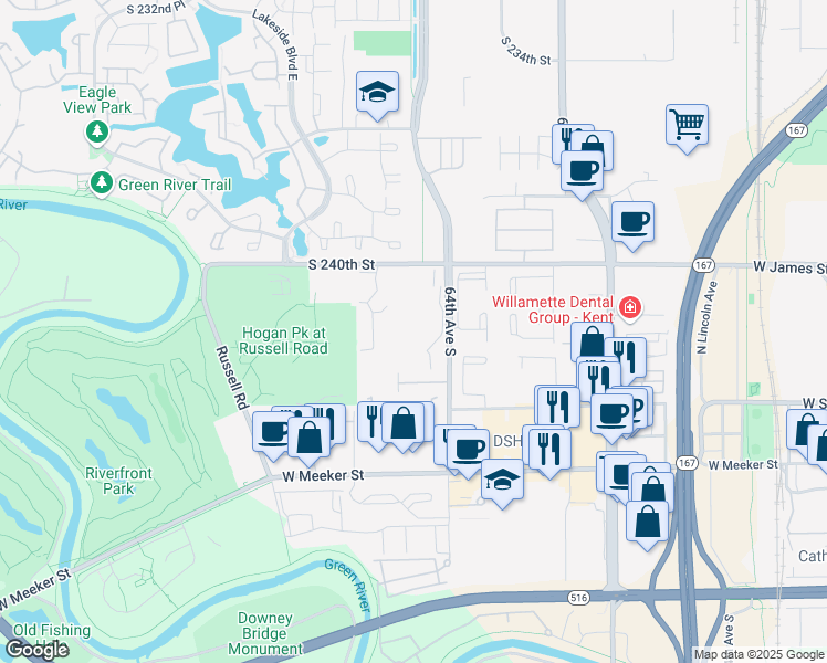 map of restaurants, bars, coffee shops, grocery stores, and more near 6248 South 242nd Place in Kent