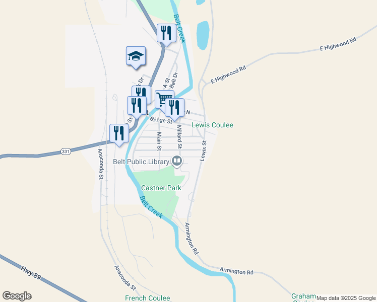 map of restaurants, bars, coffee shops, grocery stores, and more near 302 Millard Street in Belt