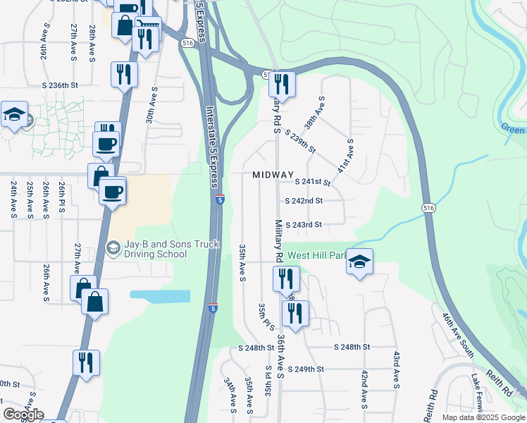 map of restaurants, bars, coffee shops, grocery stores, and more near 24210 35th Place South in Kent