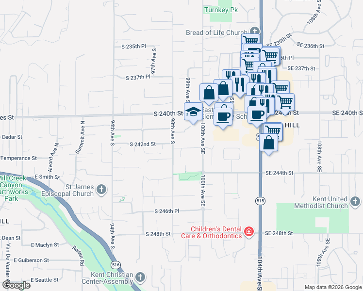 map of restaurants, bars, coffee shops, grocery stores, and more near 9820 South 242nd Place in Kent