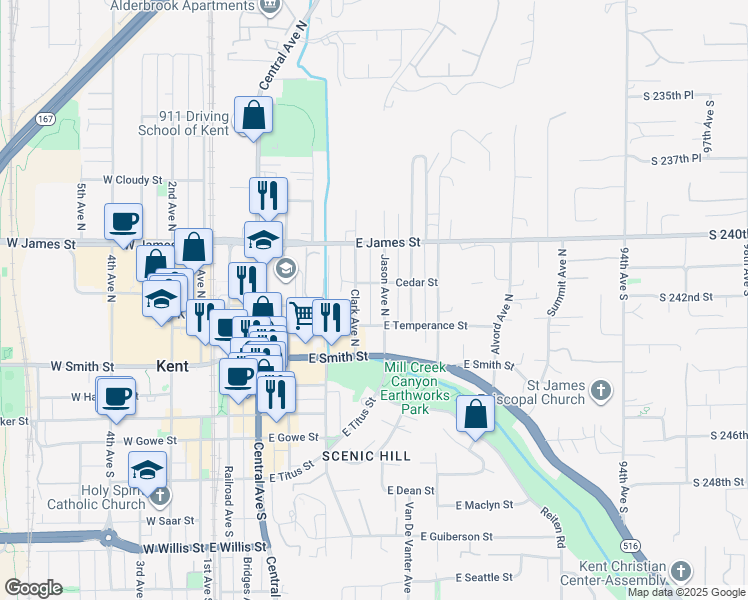 map of restaurants, bars, coffee shops, grocery stores, and more near 425 Jason Avenue North in Kent